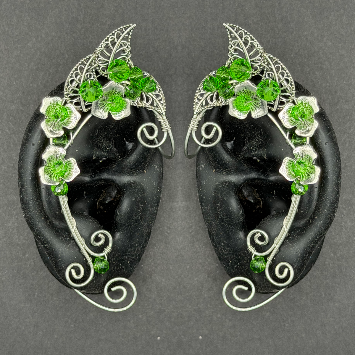 Elf Ear -Pair of Green Jeweled Leaf Ear Cuffs in Silver or Gold