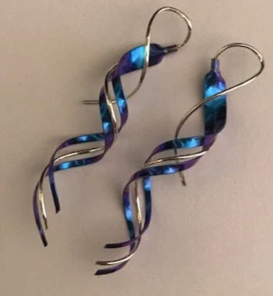Earrings - Long Titanium and Sterling Silver swirl earrings. 2.25 inches long