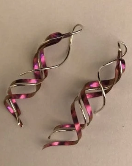 Earrings - Long Titanium and Sterling Silver swirl earrings. 2.25 inches long