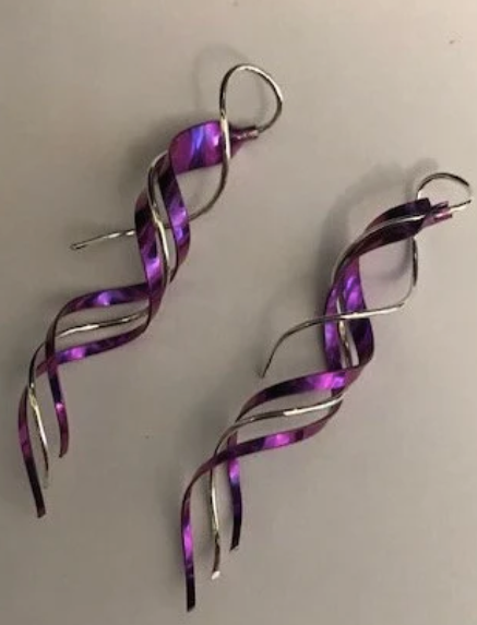 Earrings - Long Titanium and Sterling Silver swirl earrings. 2.25 inches long