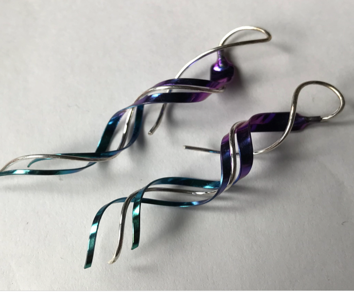 Earrings - Long Titanium and Sterling Silver swirl earrings. 2.25 inches long