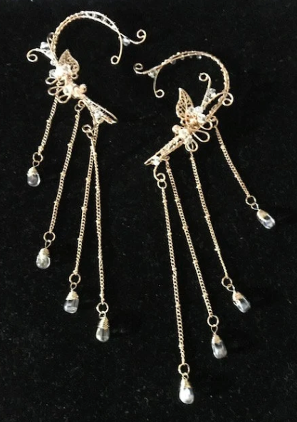 Elf Ear - Pair of Silver Dangle Elf Ears with Black, Purple, Blue, Green or Clear stones