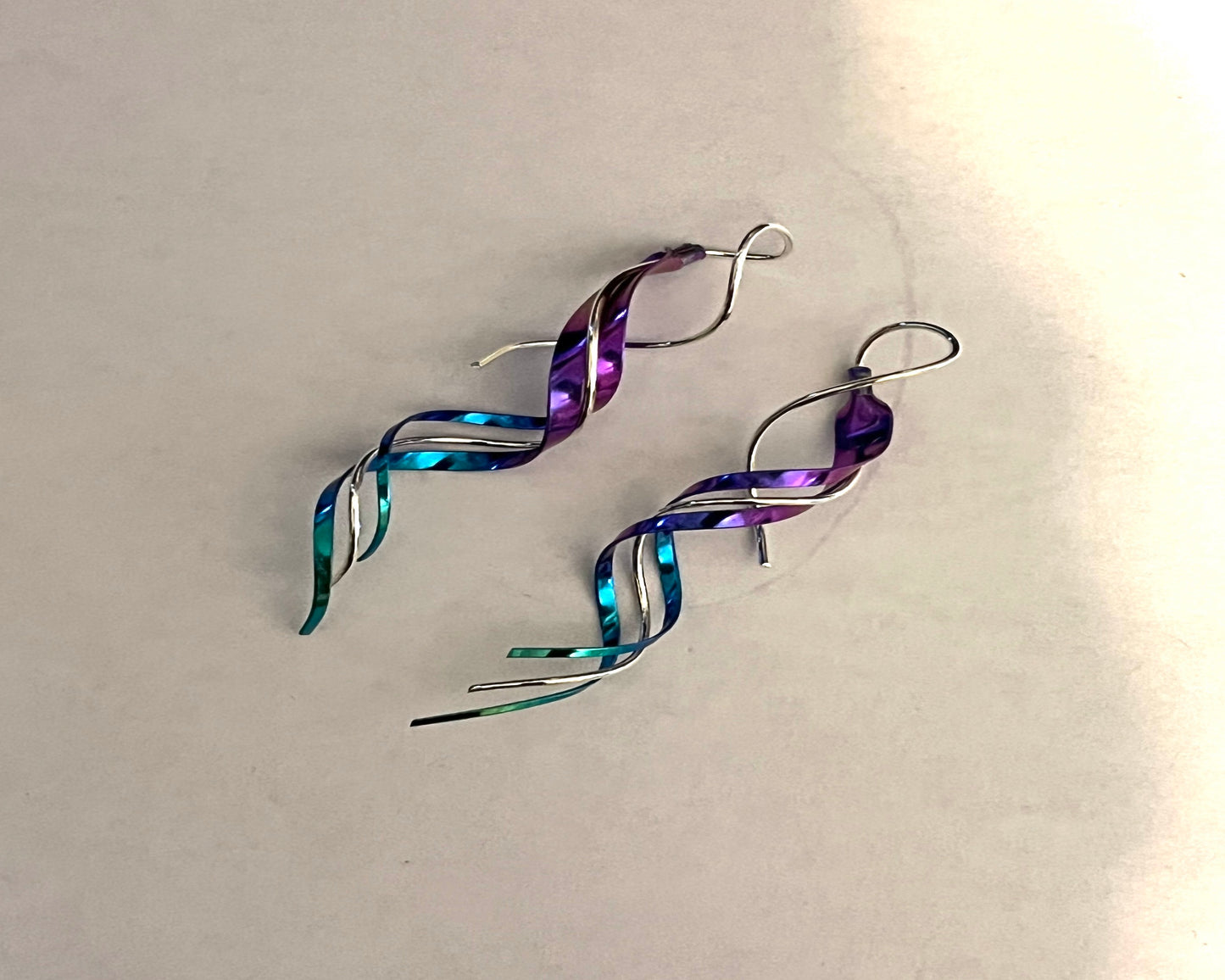 Earrings - Long Titanium and Sterling Silver swirl earrings. 2.25 inches long