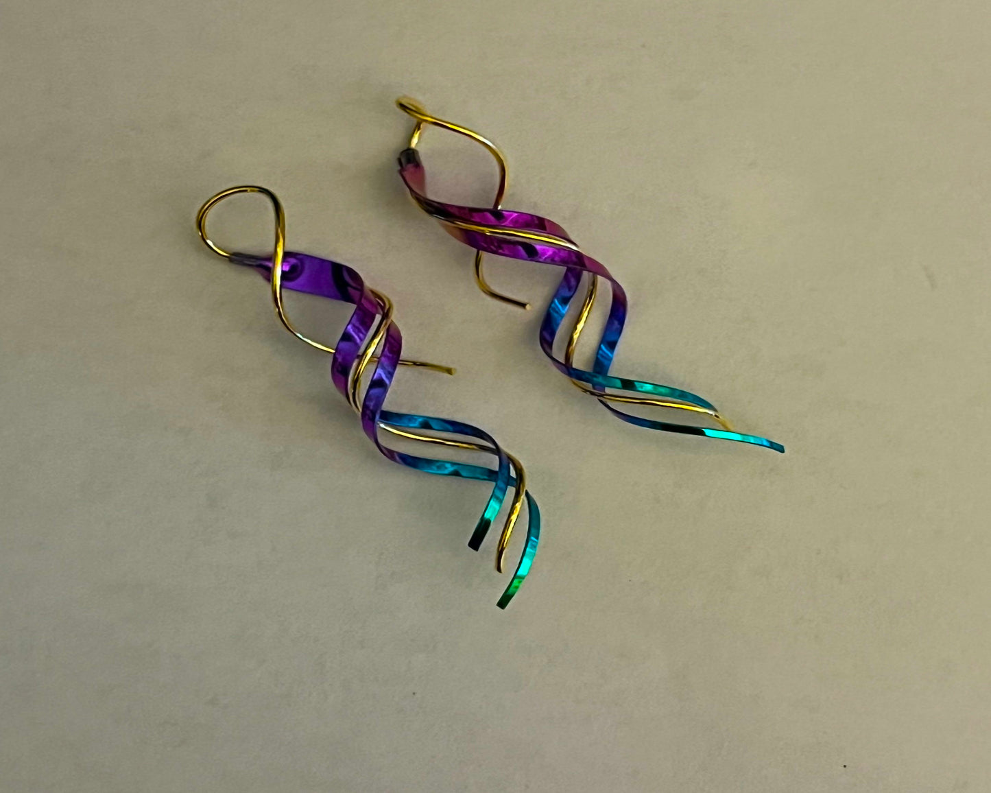 Earrings - Long Titanium and Gold Filled swirl earrings. 2.25 inches long.