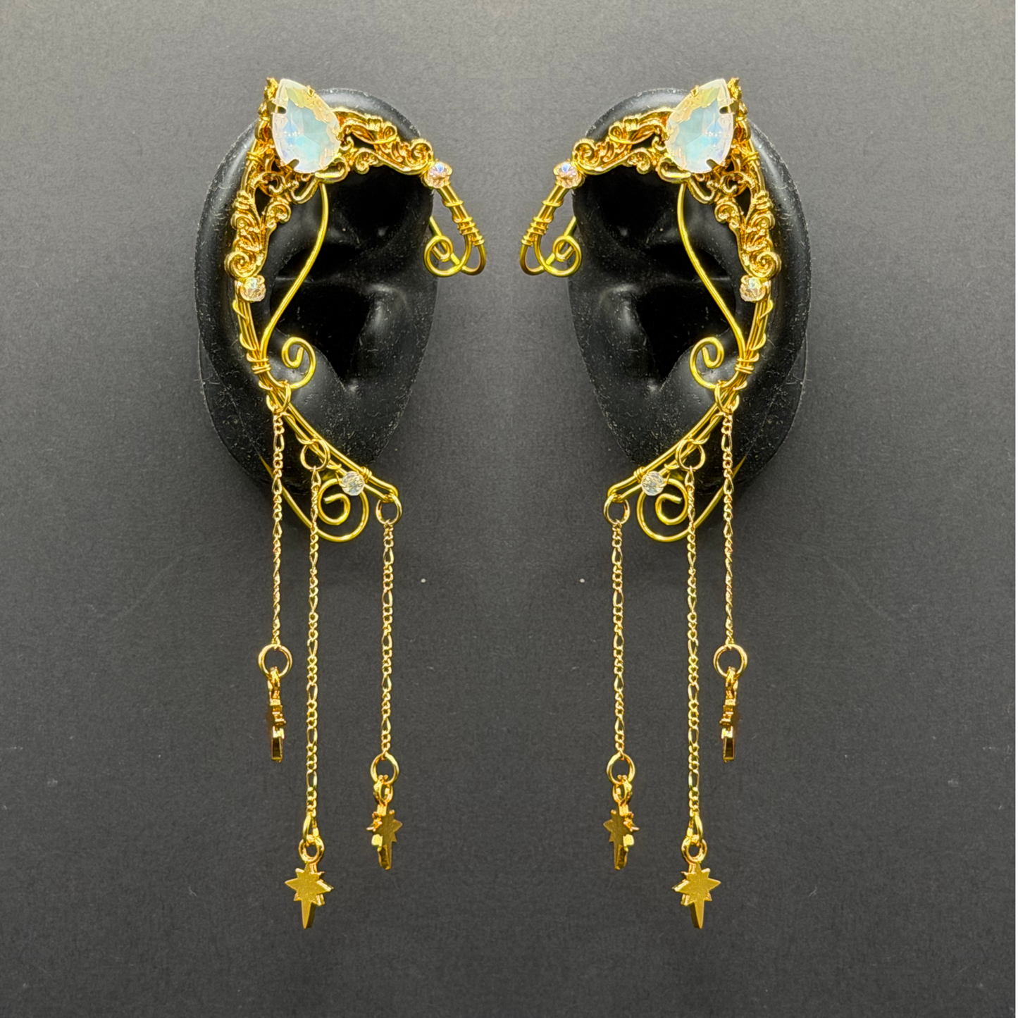 Elf Ear - Dangle Elf Ear Cuff with pear shaped stone Silver or Gold