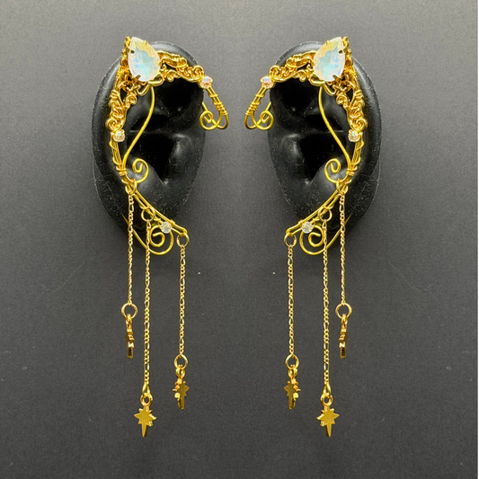 Elf Ear -Pair of Dangle Elf Ear Cuff with pear shaped stone Silver or Gold