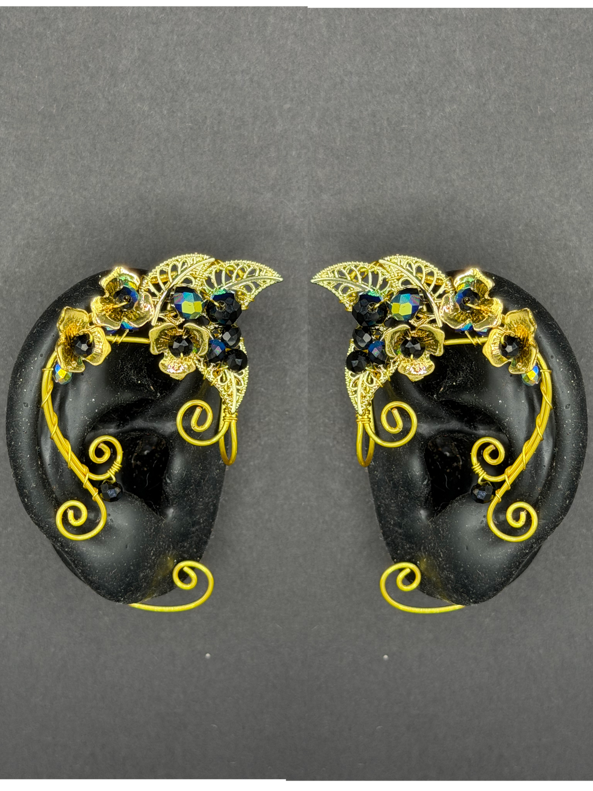 Elf Ear -Pair of Black Jeweled Leaf Ear Cuffs in Silver or Gold