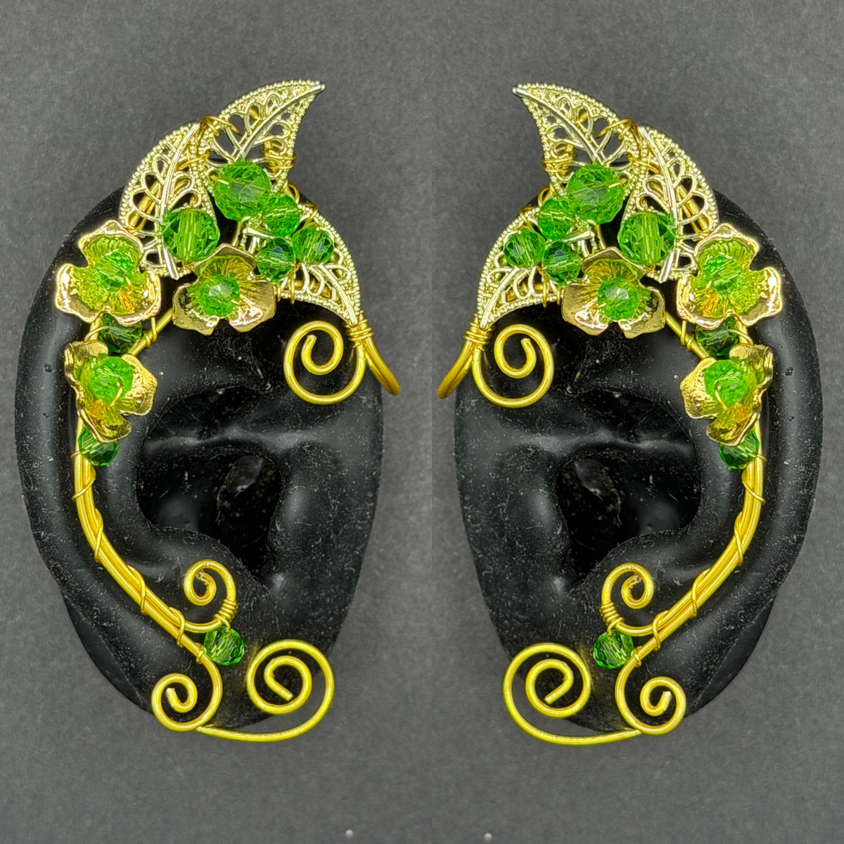 Elf Ear -Pair of Green Jeweled Leaf Ear Cuffs in Silver or Gold