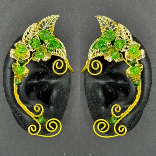 Elf Ear -Pair of Green Jeweled Leaf Ear Cuffs in Silver or Gold