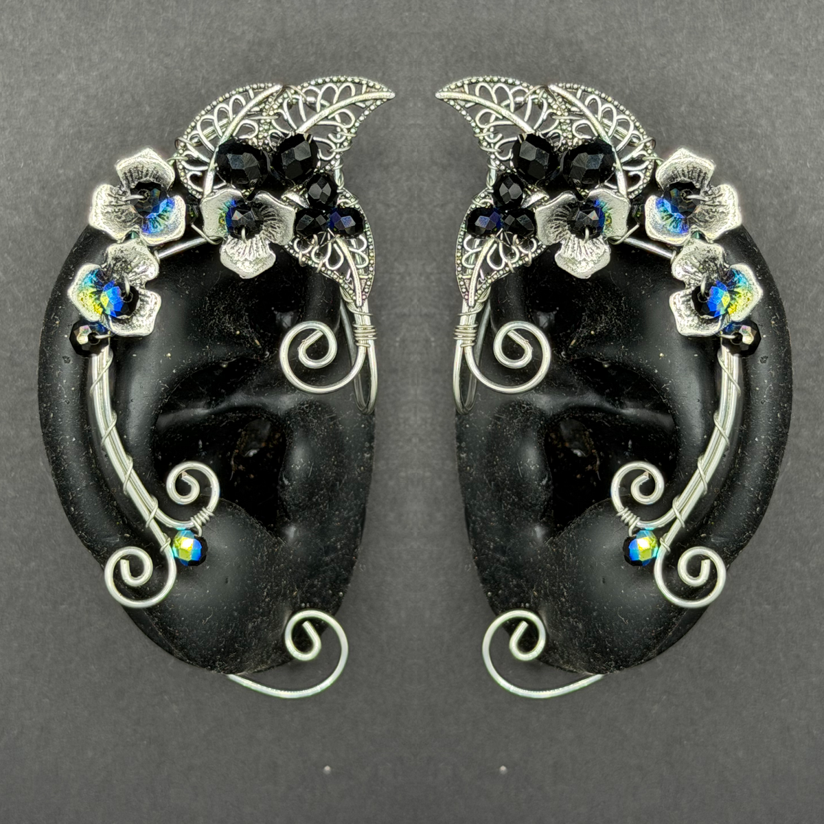 Elf Ear -Pair of Black Jeweled Leaf Ear Cuffs in Silver or Gold