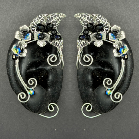 Elf Ear -Pair of Black Jeweled Leaf Ear Cuffs in Silver or Gold