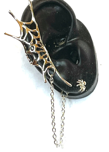Spiders Web Ear Cuff in  Silver with chain and spider post